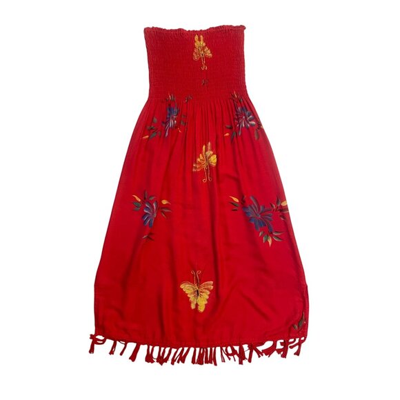 Red Strapless Smocked Maxi Dress W/ Butterfly Embroidery & Tassel Hem OS - Picture 4 of 7